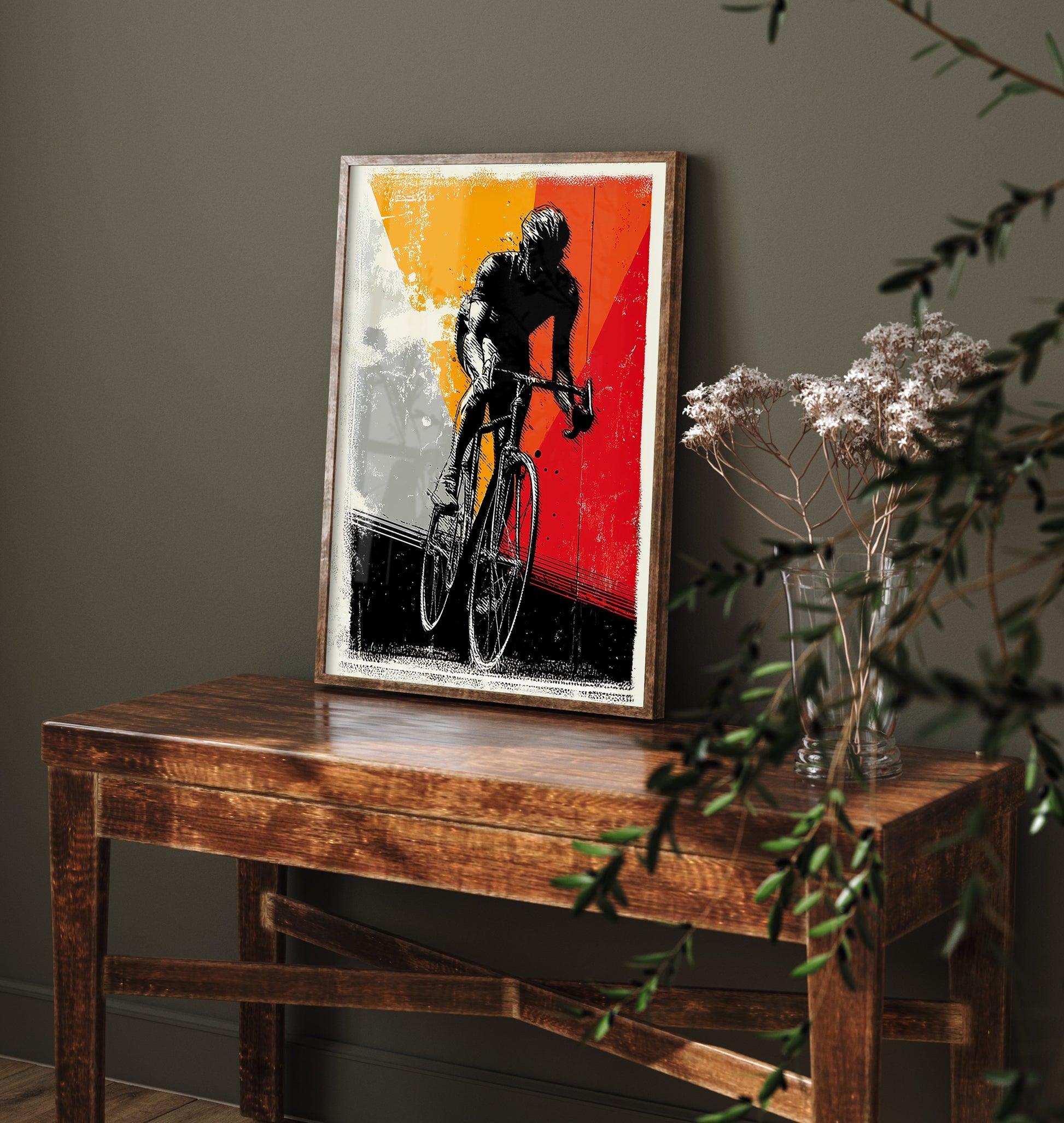 Cyclist Block Print Poster - Road Cycling Art Print - Bold Graphic Illustration - Red Orange Grey 1/3