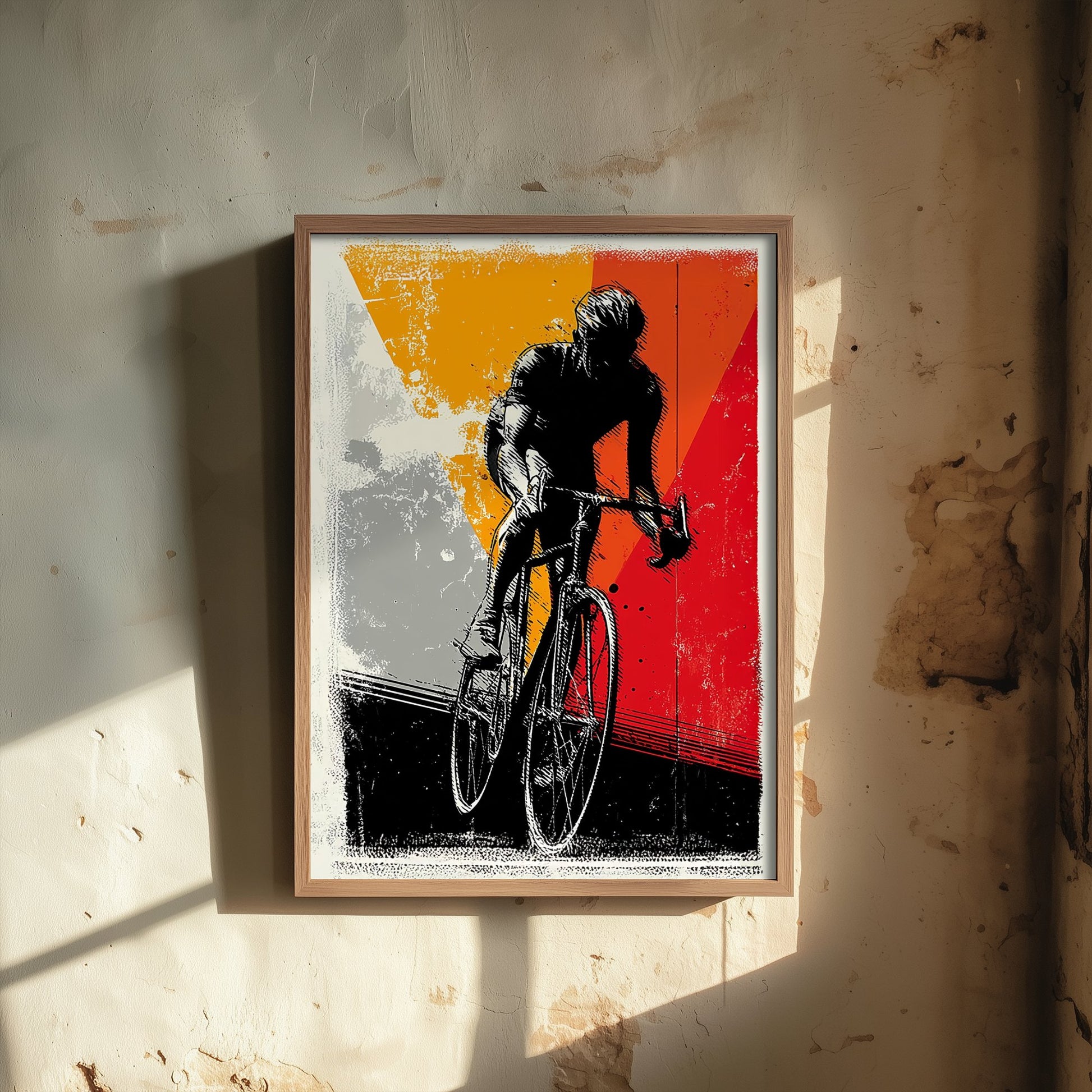 Cyclist Block Print Poster - Road Cycling Art Print - Bold Graphic Illustration - Red Orange Grey 1/3