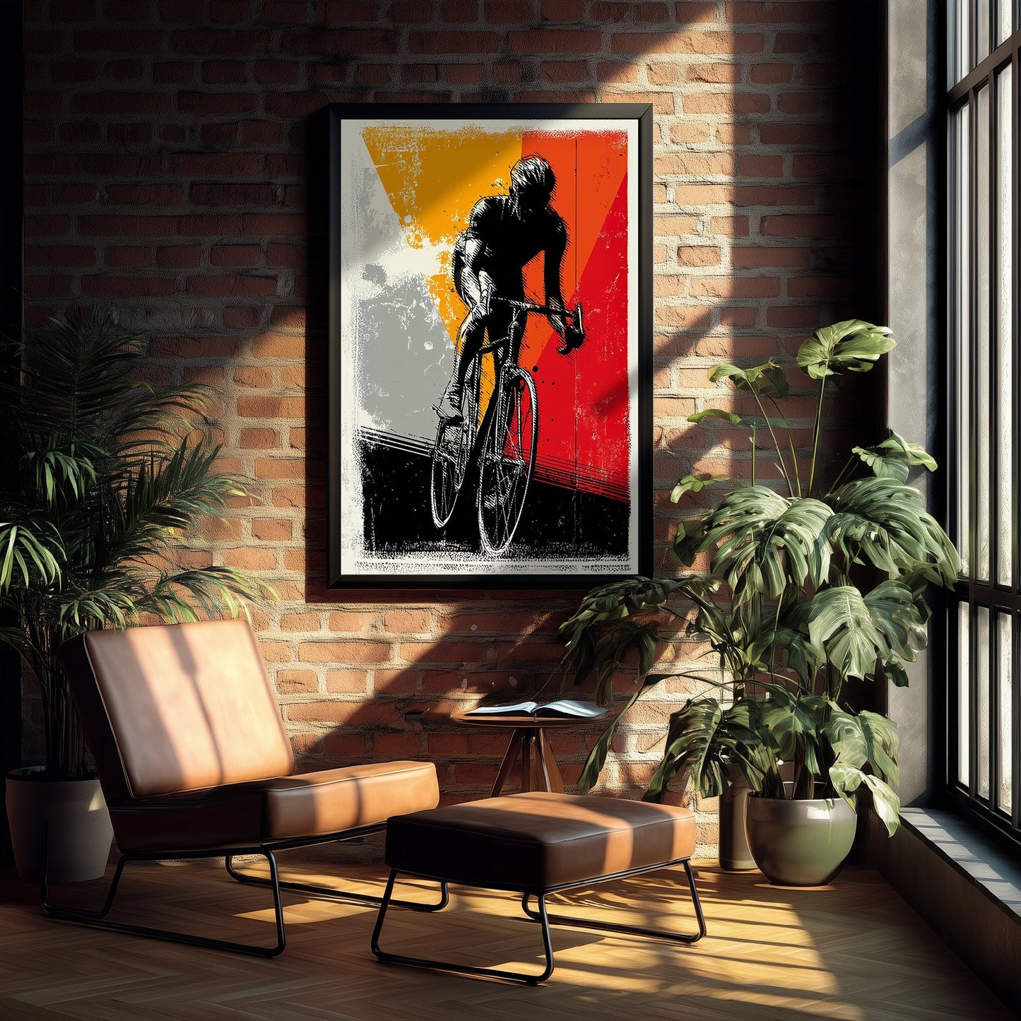 Cyclist Block Print Poster - Road Cycling Art Print - Bold Graphic Illustration - Red Orange Grey 1/3