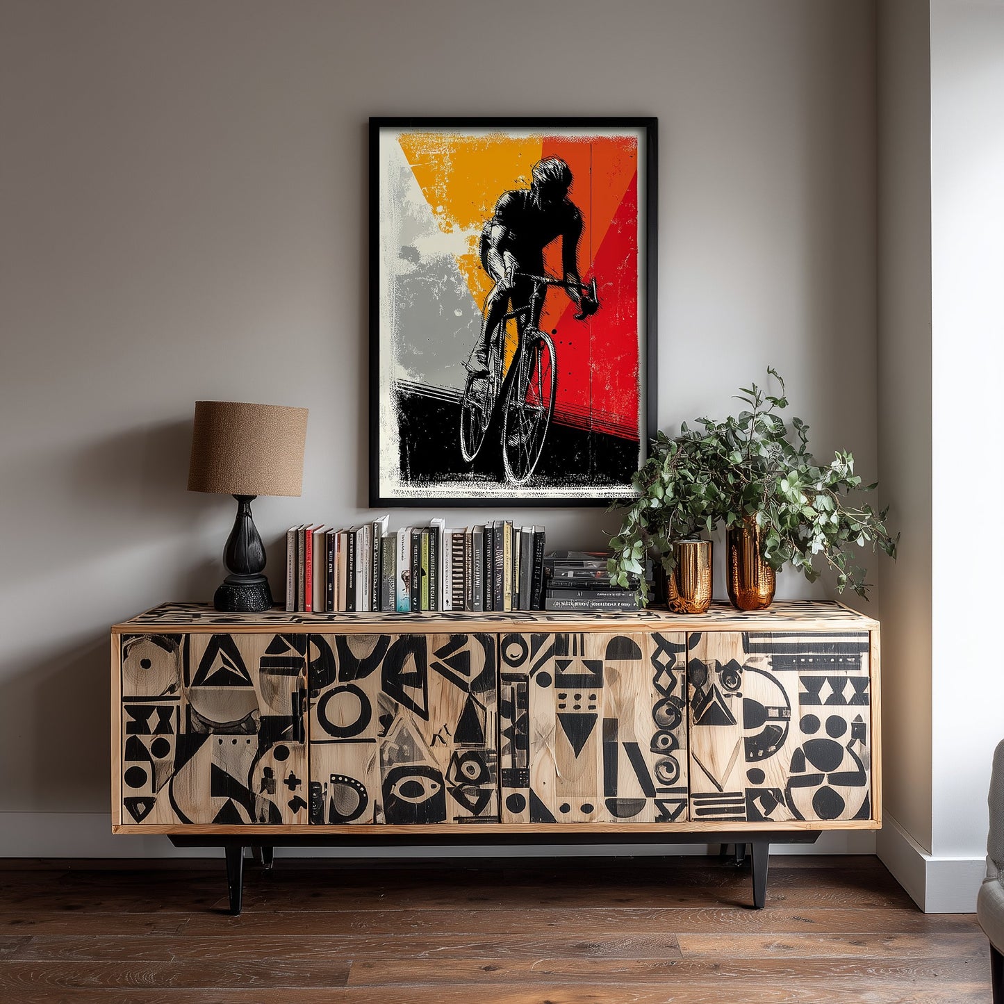 Cyclist Block Print Poster - Road Cycling Art Print - Bold Graphic Illustration - Red Orange Grey 1/3