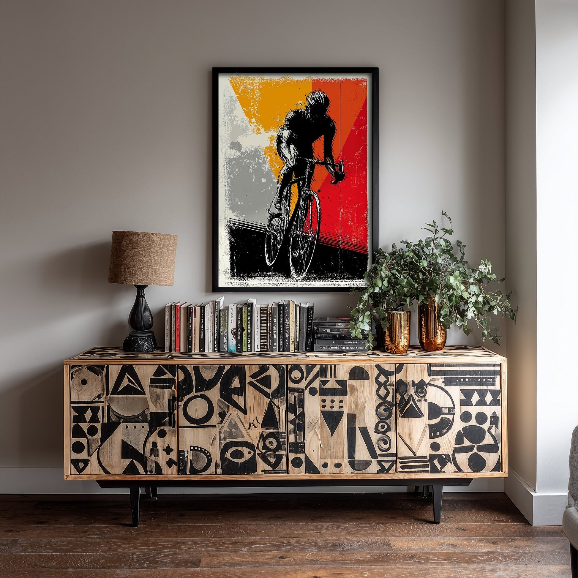 Cyclist Block Print Poster - Road Cycling Art Print - Bold Graphic Illustration - Red Orange Grey 1/3