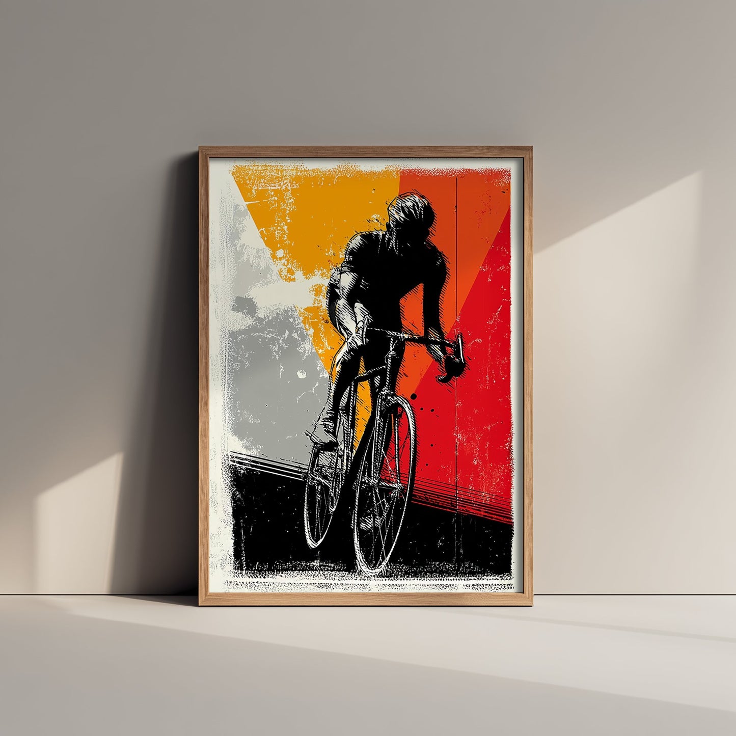 Cyclist Block Print Poster - Road Cycling Art Print - Bold Graphic Illustration - Red Orange Grey 1/3