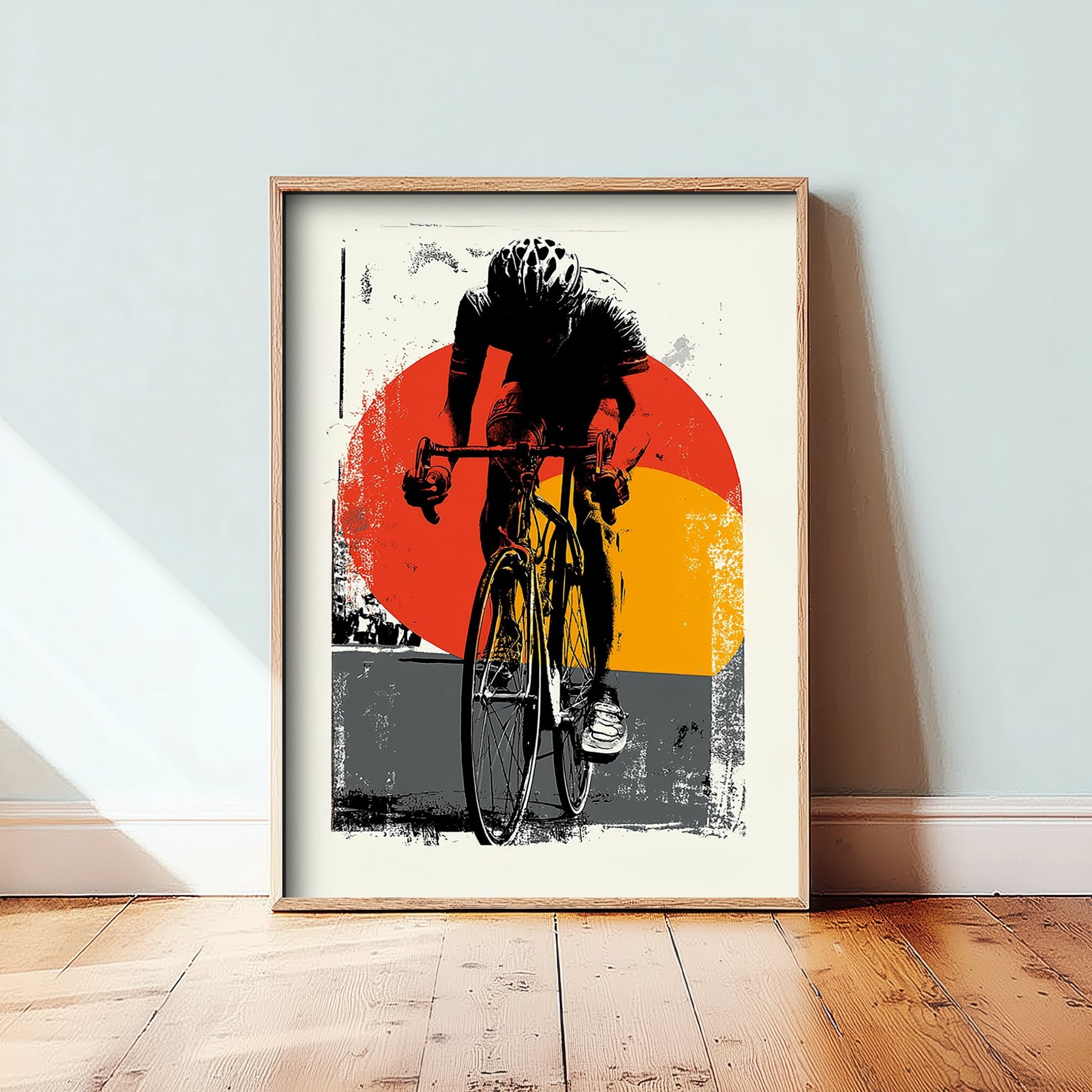 Road Cyclist Art Print - Block Print Cycling Poster - Retro Sports Illustration - Red Sun Graphic 2/3