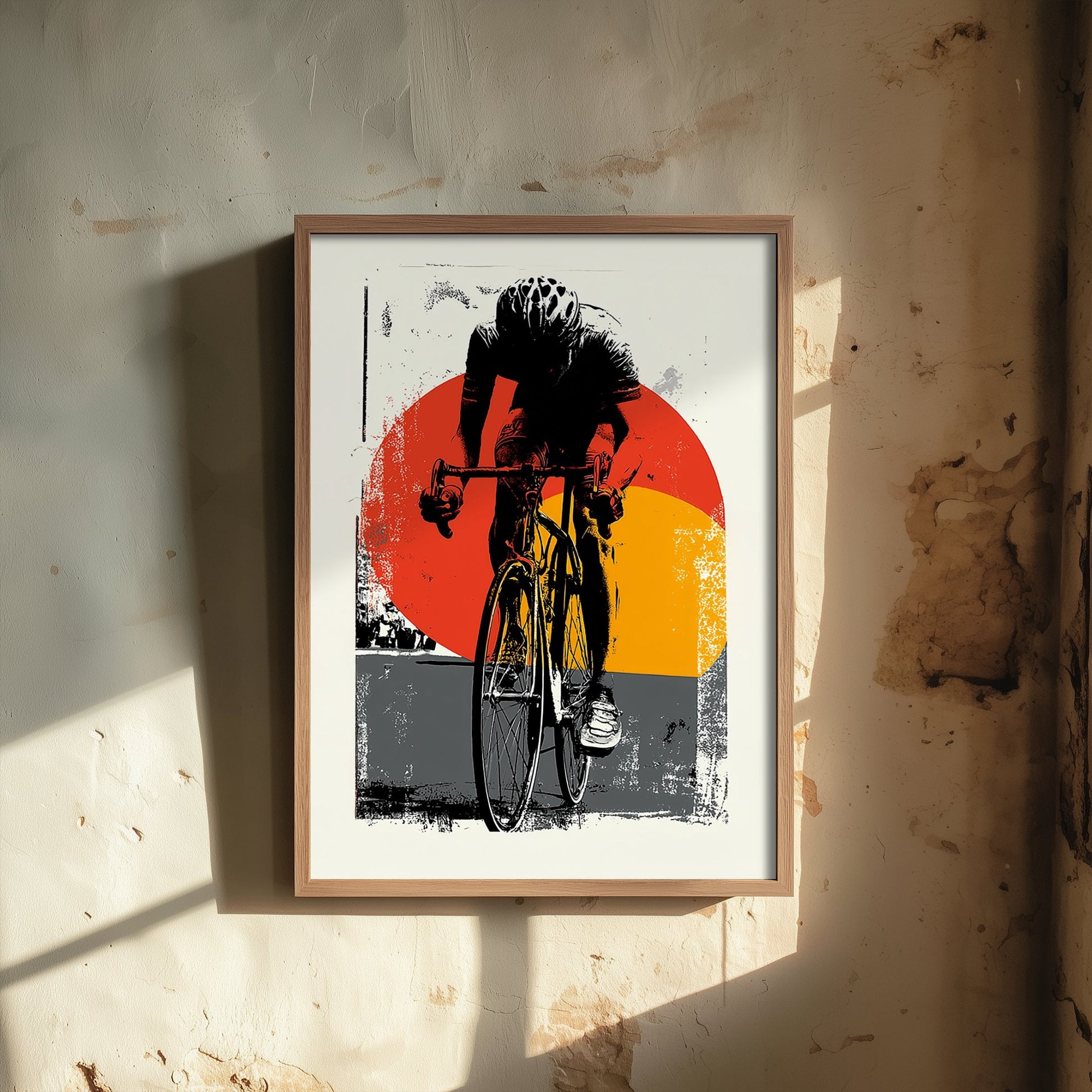 Road Cyclist Art Print - Block Print Cycling Poster - Retro Sports Illustration - Red Sun Graphic 2/3