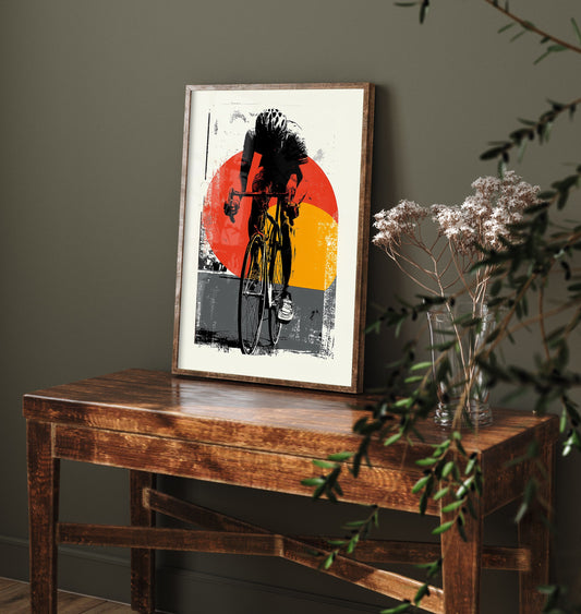 Road Cyclist Art Print - Block Print Cycling Poster - Retro Sports Illustration - Red Sun Graphic 2/3