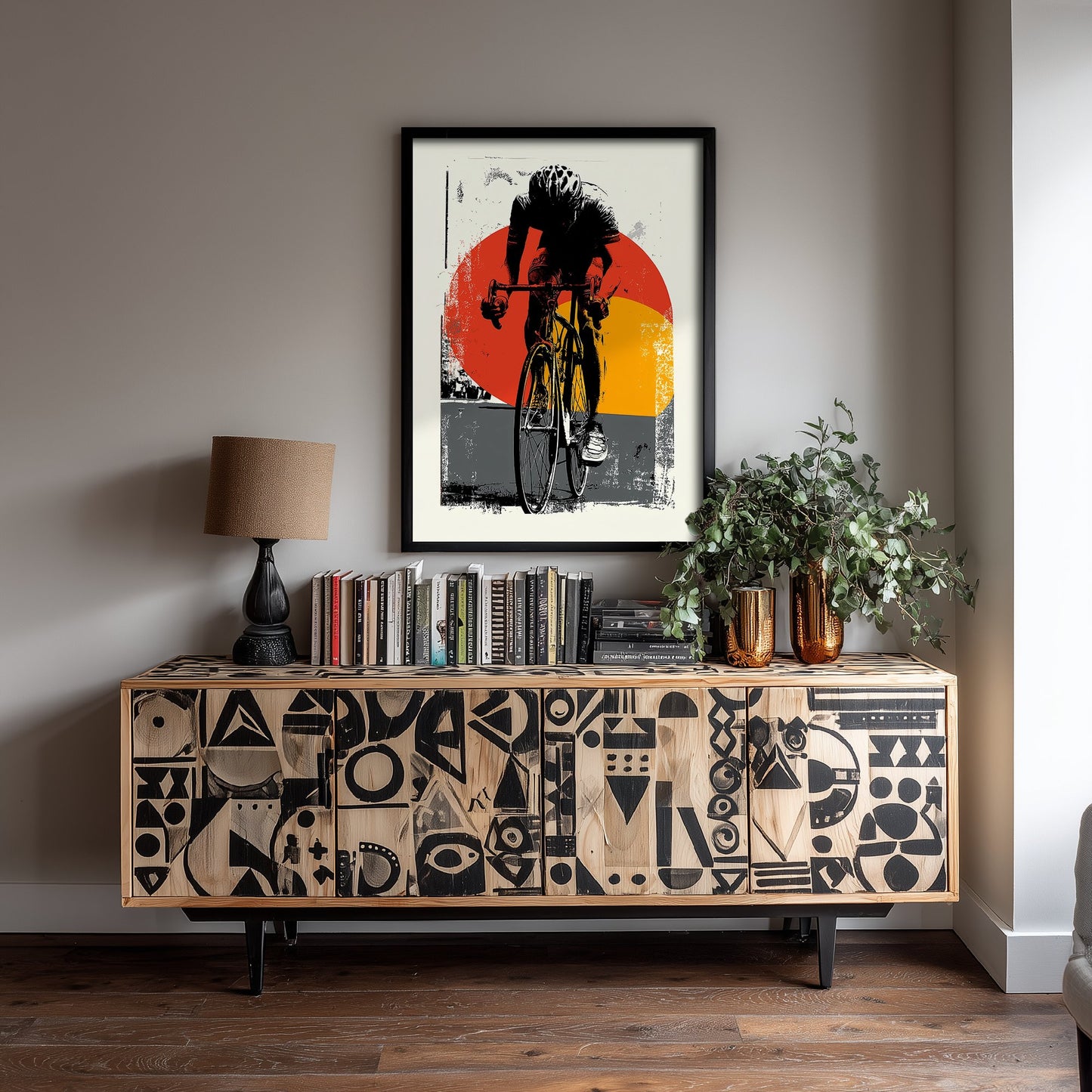Road Cyclist Art Print - Block Print Cycling Poster - Retro Sports Illustration - Red Sun Graphic 2/3