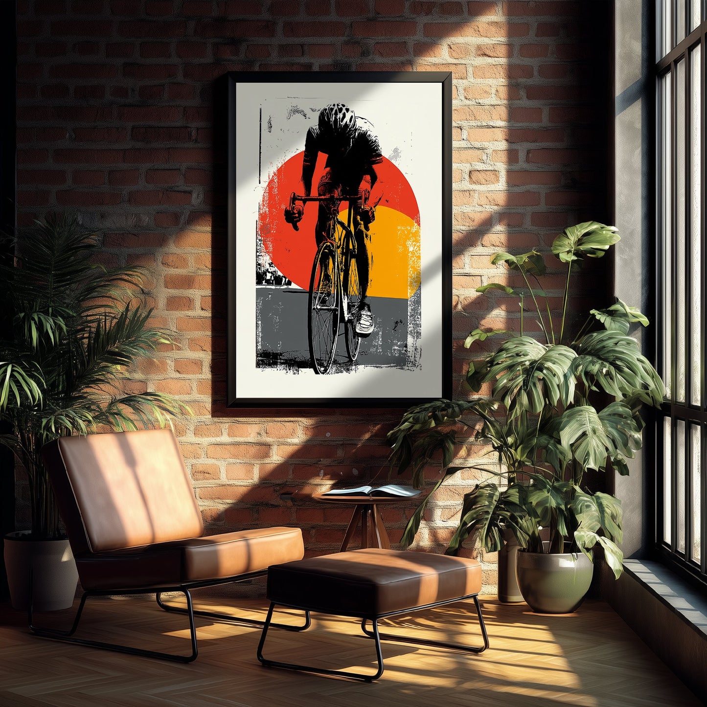 Road Cyclist Art Print - Block Print Cycling Poster - Retro Sports Illustration - Red Sun Graphic 2/3