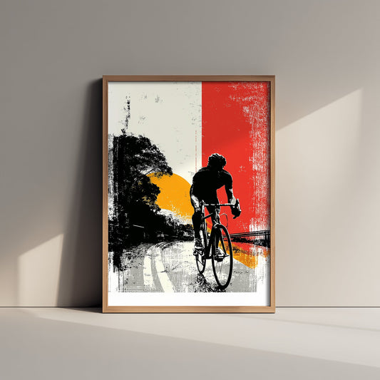 Cycling Art Print - Cyclist Block Print Poster - Bold Graphic Illustration - Red Orange Sunset Road 3/3