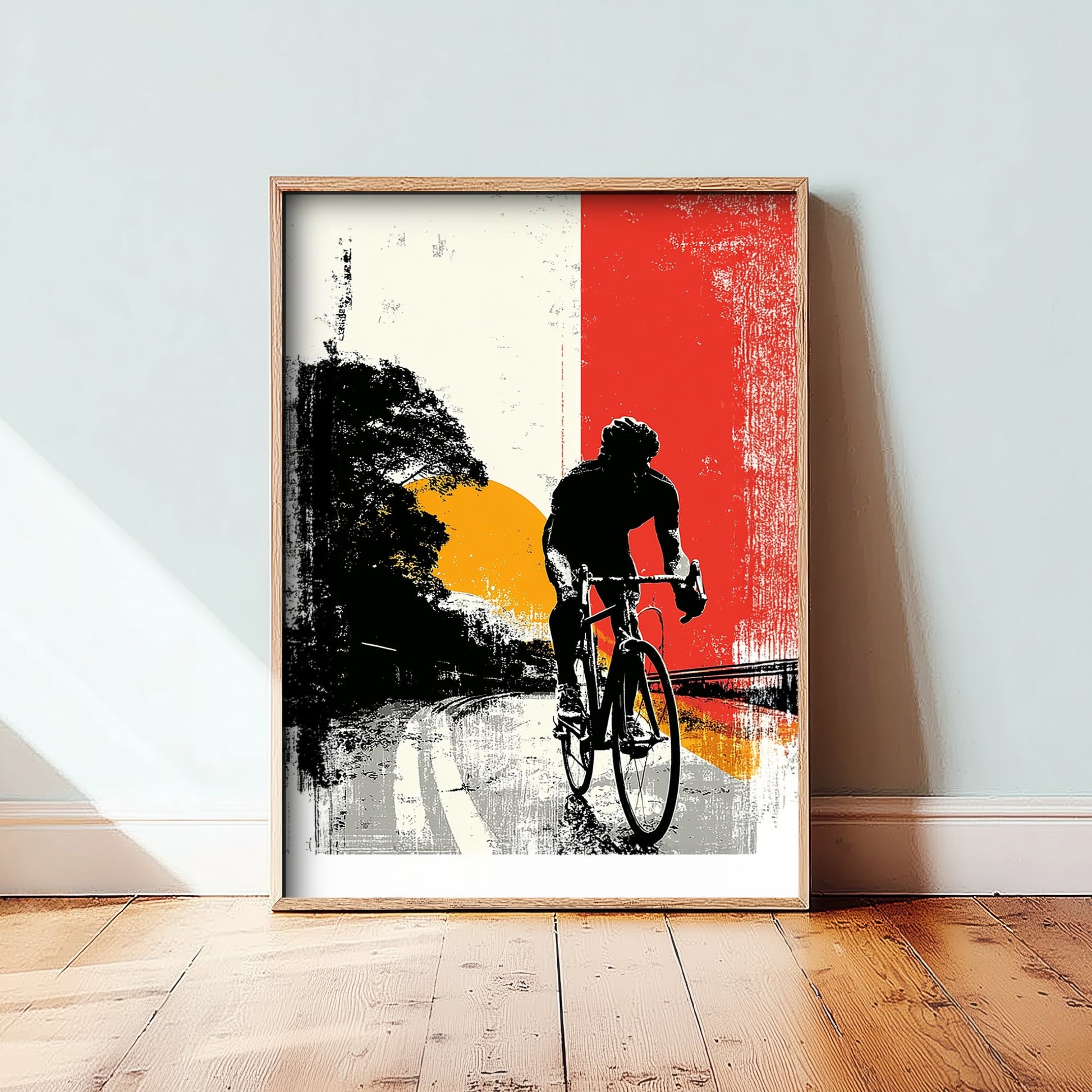 Cycling Art Print - Cyclist Block Print Poster - Bold Graphic Illustration - Red Orange Sunset Road 3/3
