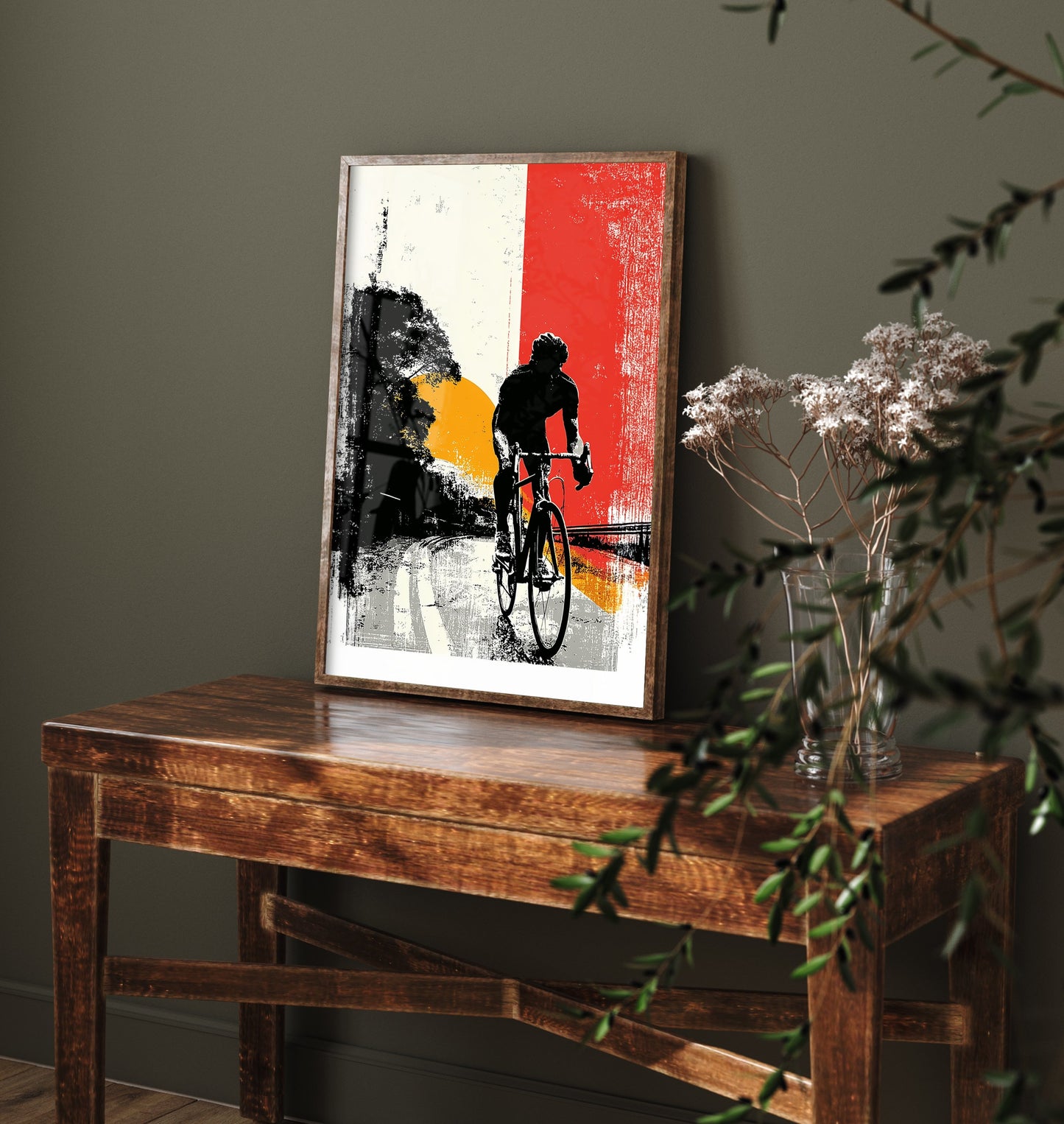 Cycling Art Print - Cyclist Block Print Poster - Bold Graphic Illustration - Red Orange Sunset Road 3/3