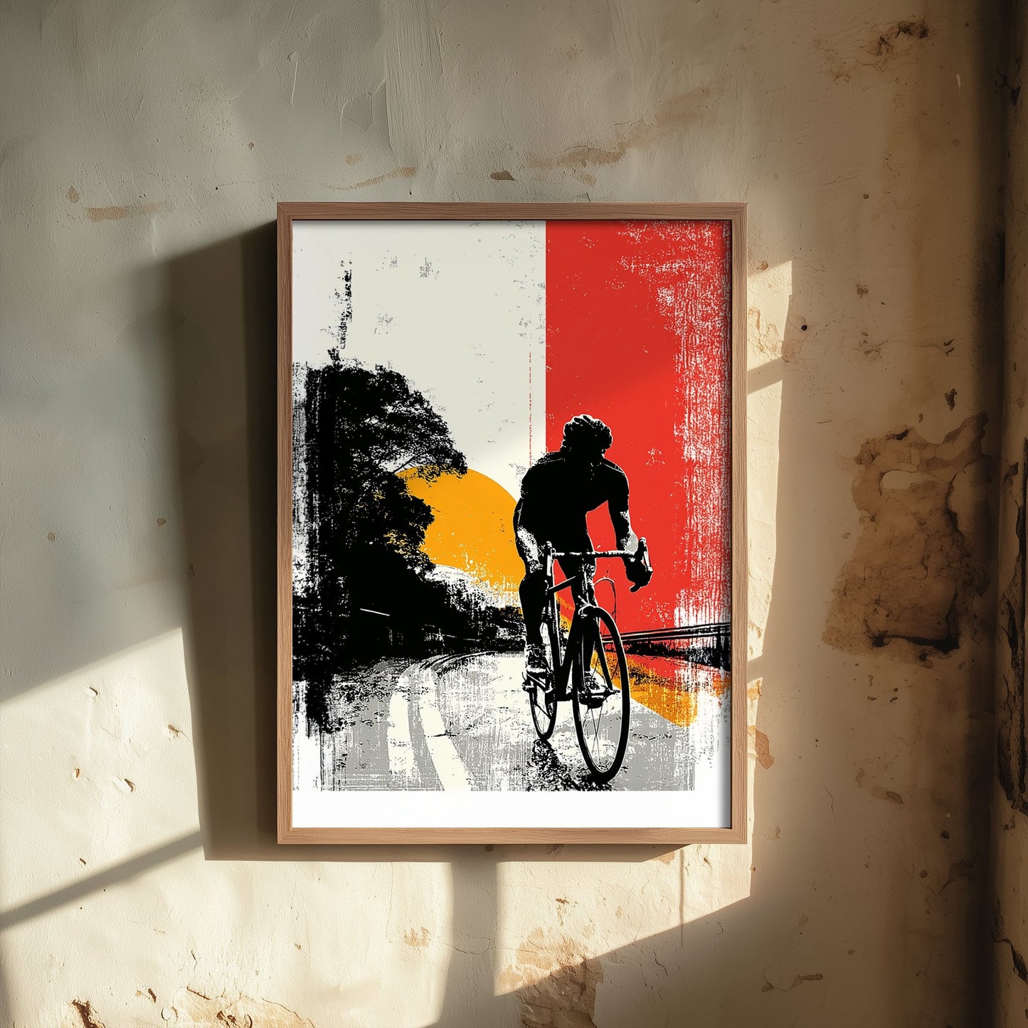 Cycling Art Print - Cyclist Block Print Poster - Bold Graphic Illustration - Red Orange Sunset Road 3/3