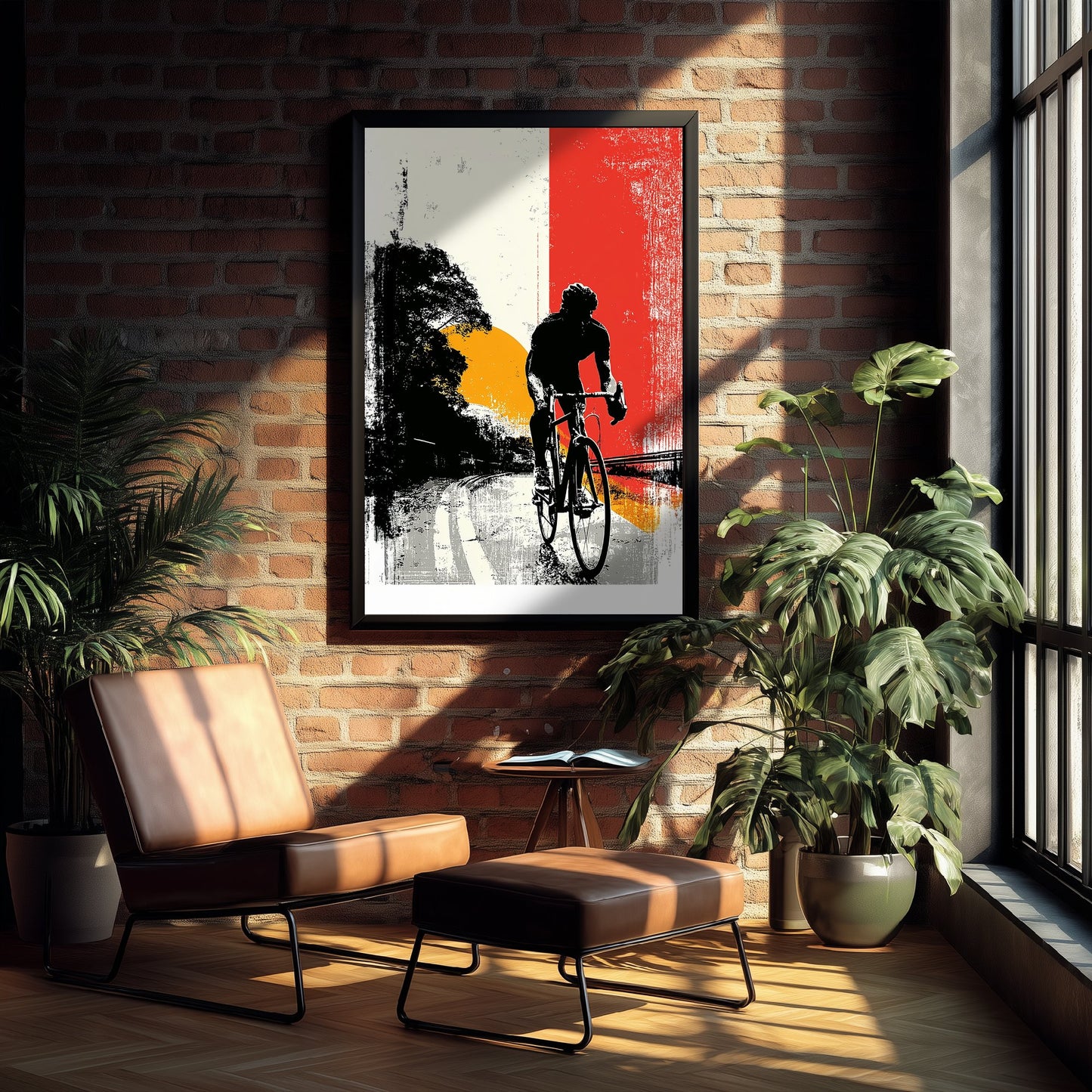 Cycling Art Print - Cyclist Block Print Poster - Bold Graphic Illustration - Red Orange Sunset Road 3/3