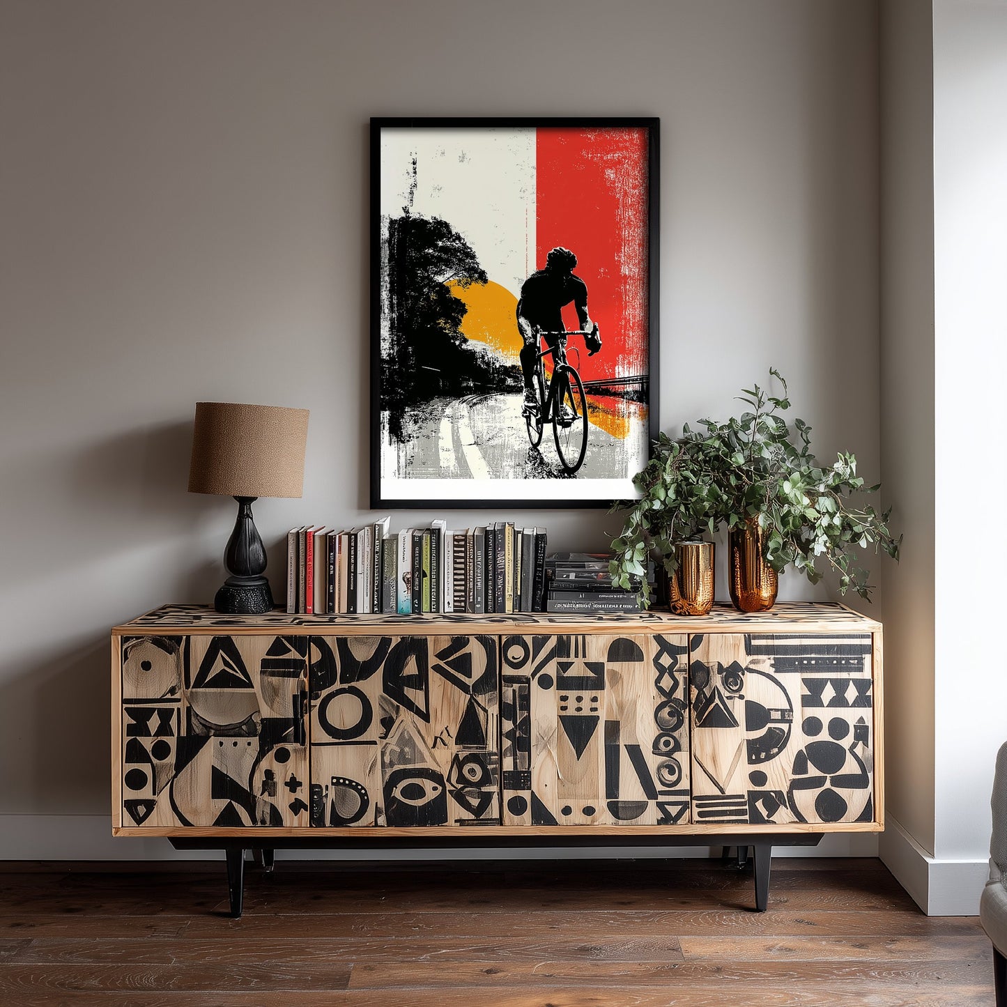 Cycling Art Print - Cyclist Block Print Poster - Bold Graphic Illustration - Red Orange Sunset Road 3/3