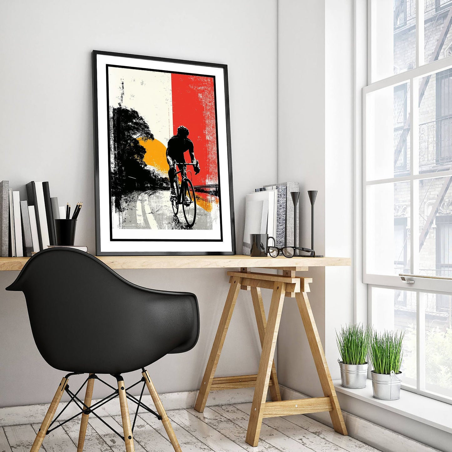 Cycling Art Print - Cyclist Block Print Poster - Bold Graphic Illustration - Red Orange Sunset Road 3/3