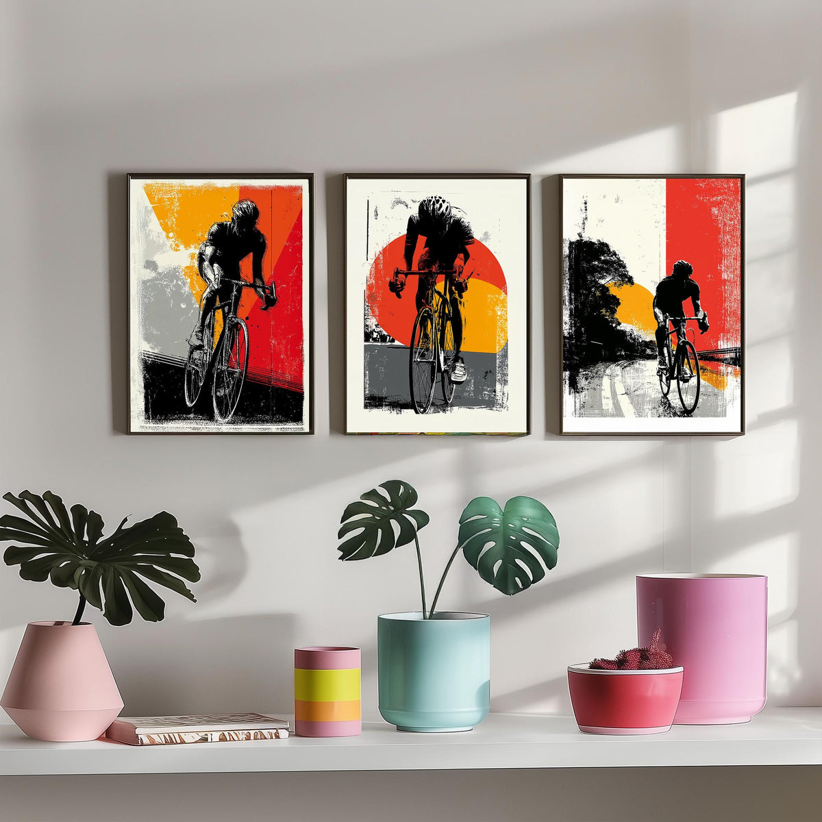 Cycling Set of Three Art Prints - 3 Cyclist Posters - Retro Block Print Red Orange Grey Bike Wall Art Gift Illustration