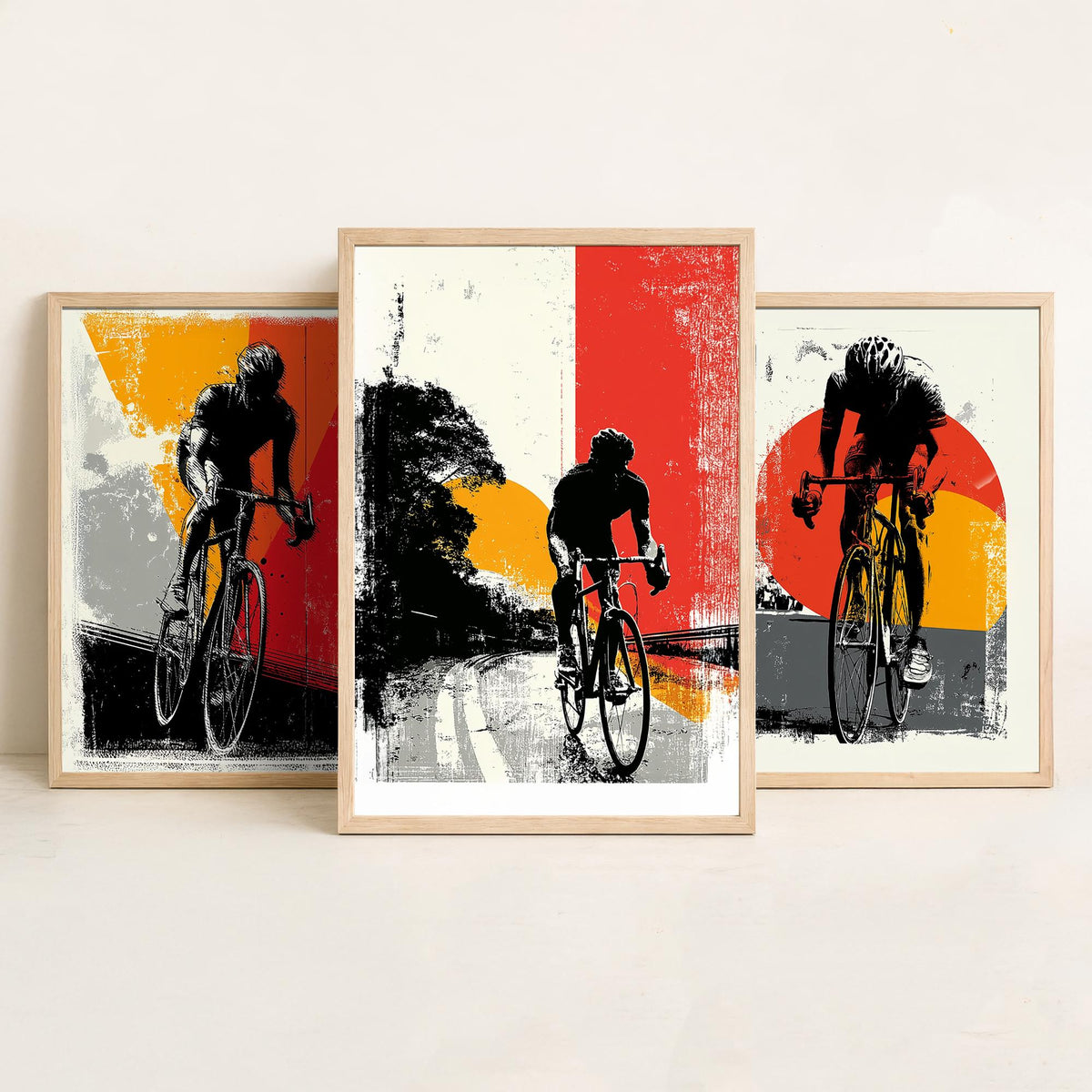 Cycling Set of Three Art Prints - 3 Cyclist Posters - Retro Block Print Red Orange Grey Bike Wall Art Gift Illustration