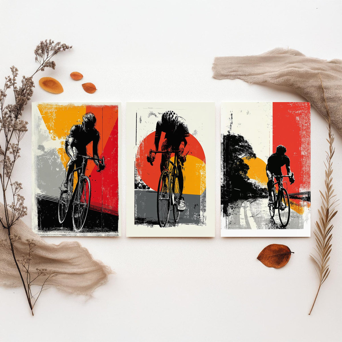 Cycling Set of Three Art Prints - 3 Cyclist Posters - Retro Block Print Red Orange Grey Bike Wall Art Gift Illustration