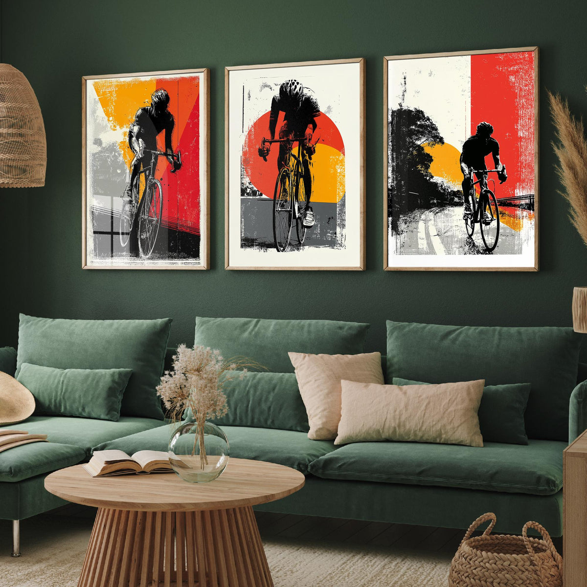 Cycling Set of Three Art Prints - 3 Cyclist Posters - Retro Block Print Red Orange Grey Bike Wall Art Gift Illustration