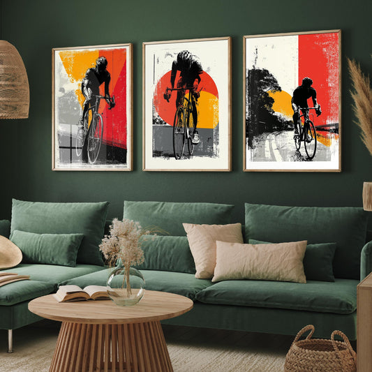 Cycling Set of Three Art Prints - 3 Cyclist Posters - Retro Block Print Red Orange Grey Bike Wall Art Gift Illustration