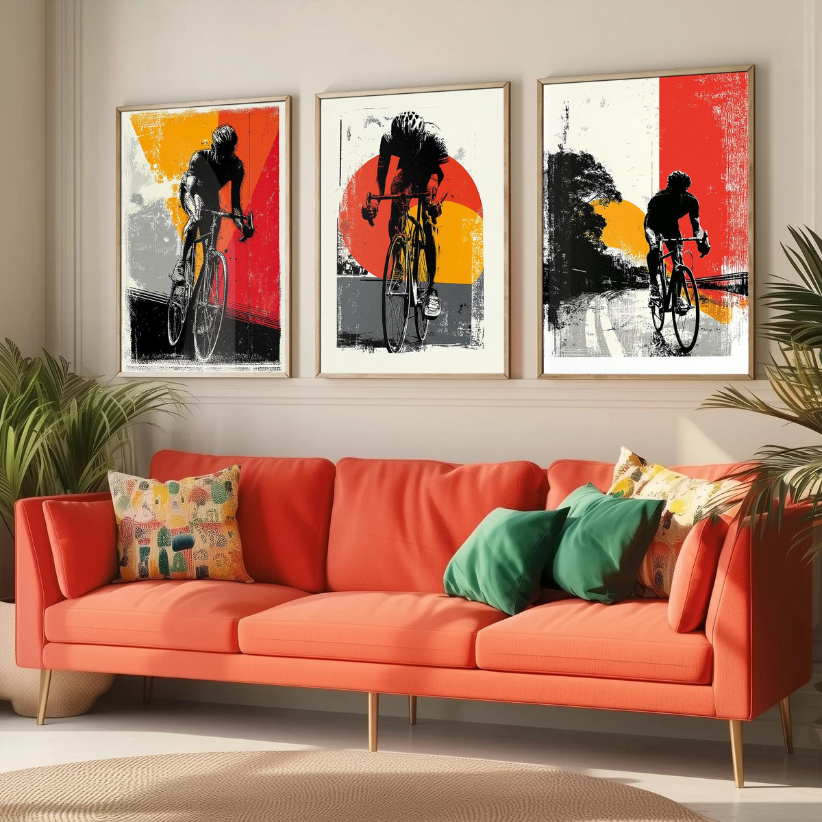 Cycling Set of Three Art Prints - 3 Cyclist Posters - Retro Block Print Red Orange Grey Bike Wall Art Gift Illustration