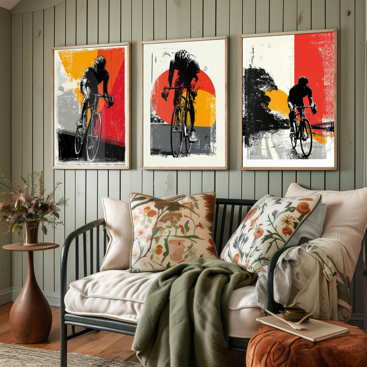 Cycling Set of Three Art Prints - 3 Cyclist Posters - Retro Block Print Red Orange Grey Bike Wall Art Gift Illustration