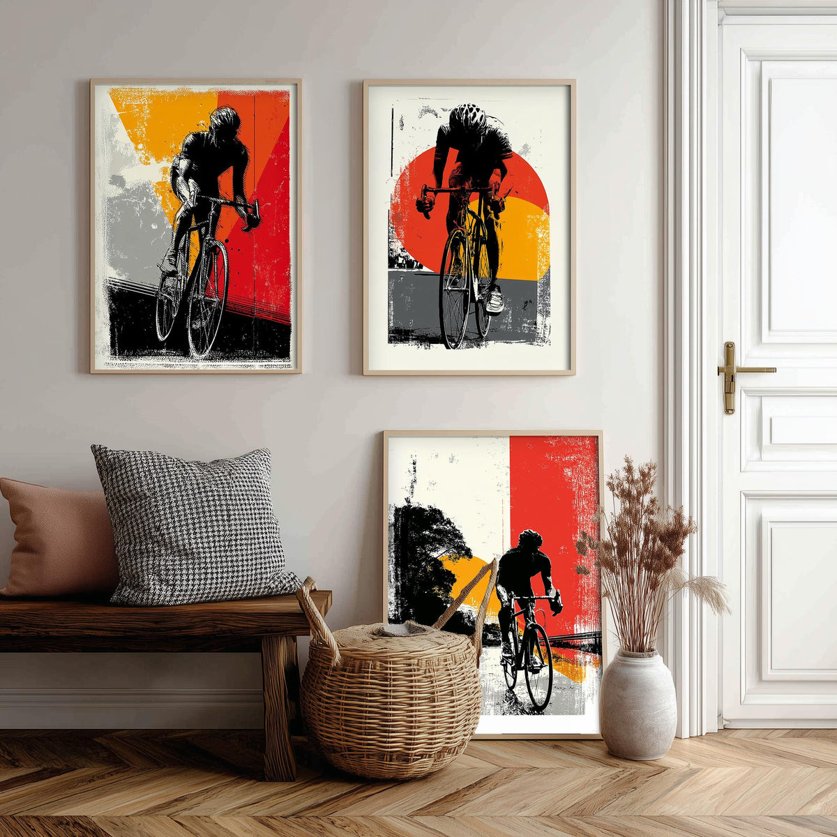 Cycling Set of Three Art Prints - 3 Cyclist Posters - Retro Block Print Red Orange Grey Bike Wall Art Gift Illustration