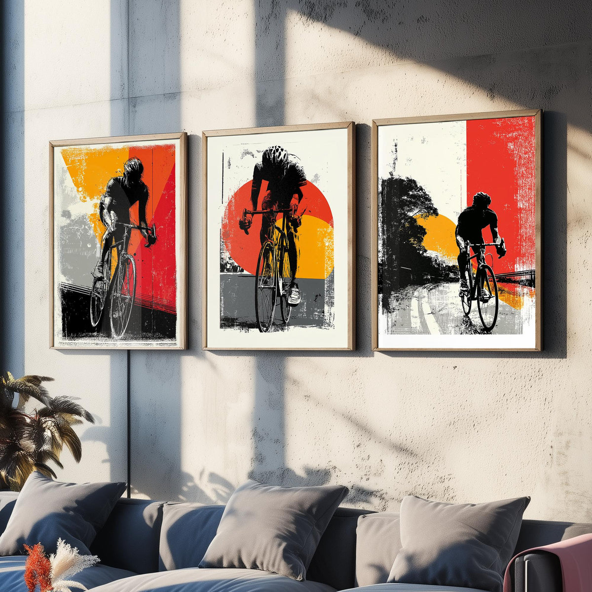 Cycling Set of Three Art Prints - 3 Cyclist Posters - Retro Block Print Red Orange Grey Bike Wall Art Gift Illustration