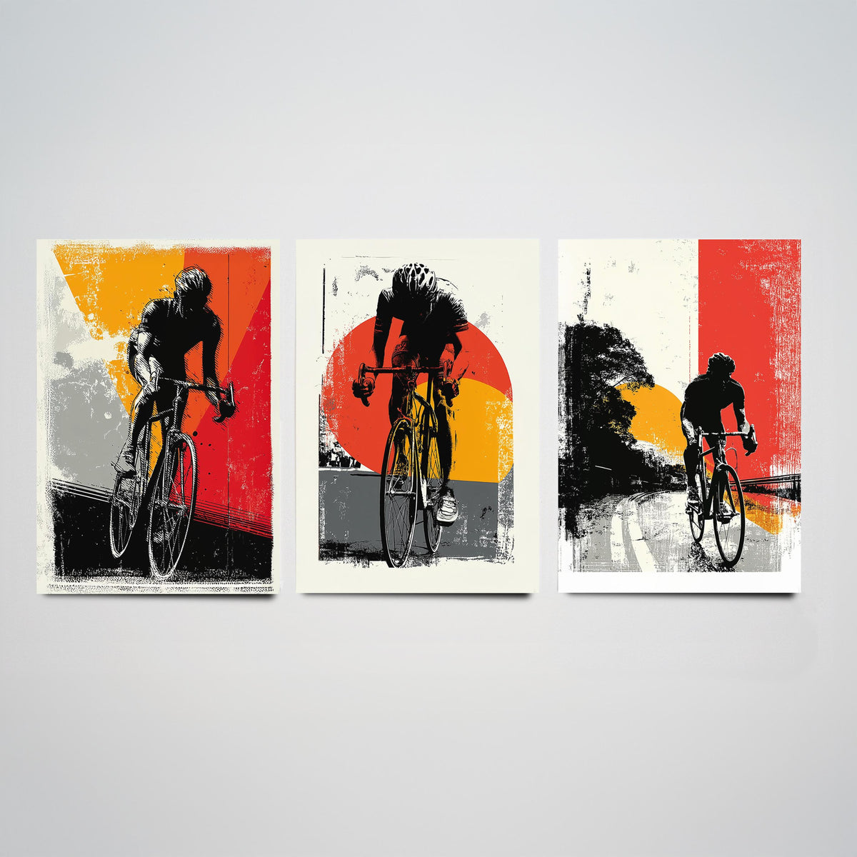 Cycling Set of Three Art Prints - 3 Cyclist Posters - Retro Block Print Red Orange Grey Bike Wall Art Gift Illustration
