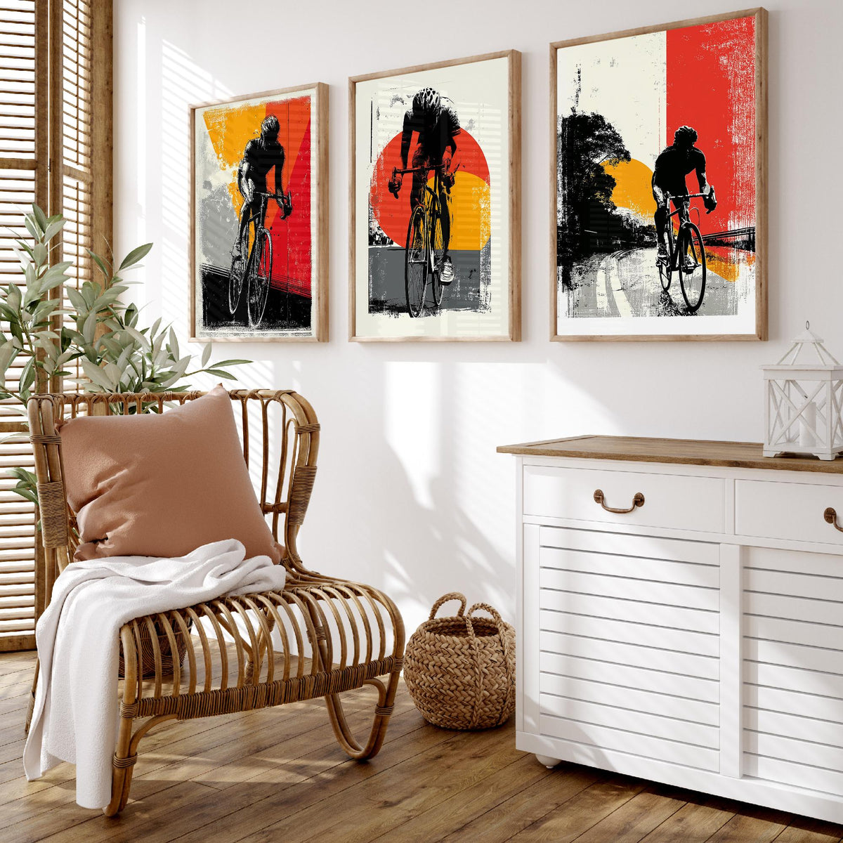 Cycling Set of Three Art Prints - 3 Cyclist Posters - Retro Block Print Red Orange Grey Bike Wall Art Gift Illustration