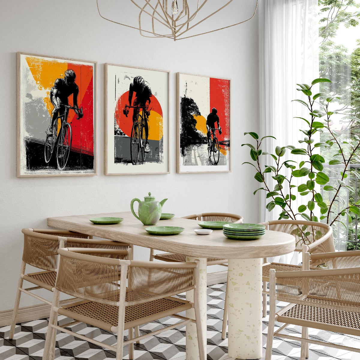 Cycling Set of Three Art Prints - 3 Cyclist Posters - Retro Block Print Red Orange Grey Bike Wall Art Gift Illustration
