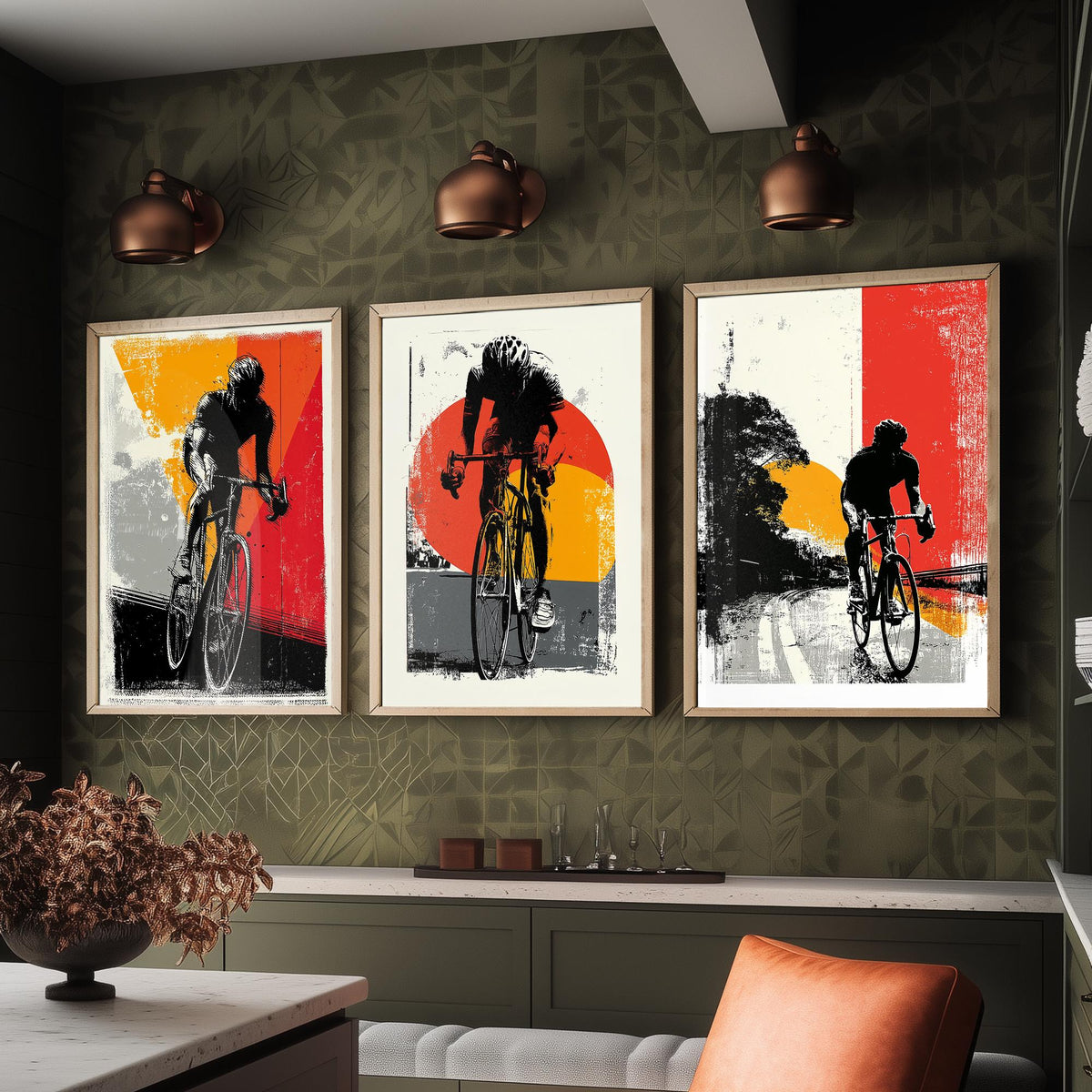 Cycling Set of Three Art Prints - 3 Cyclist Posters - Retro Block Print Red Orange Grey Bike Wall Art Gift Illustration