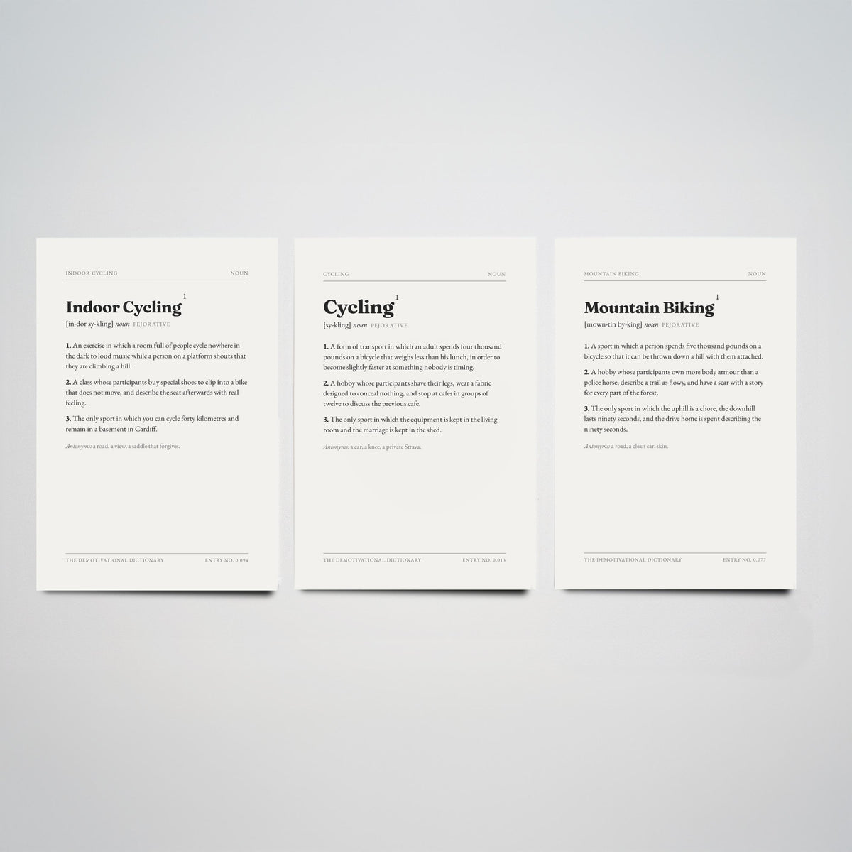 Cycling Demotivational Dictionary Set of Three Art Prints - Indoor Cycling, Cycling, Mountain Biking - Sarcastic Typography Poster