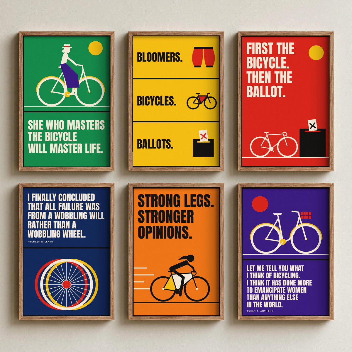 Set of Six Cycling Feminism Quote Art Prints - 6 Bauhaus Women Cyclists Posters - Minimalist Feminist Illustration