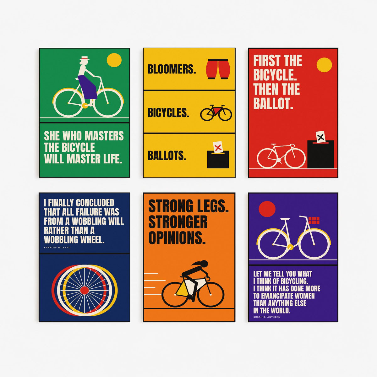Set of Six Cycling Feminism Quote Art Prints - 6 Bauhaus Women Cyclists Posters - Minimalist Feminist Illustration