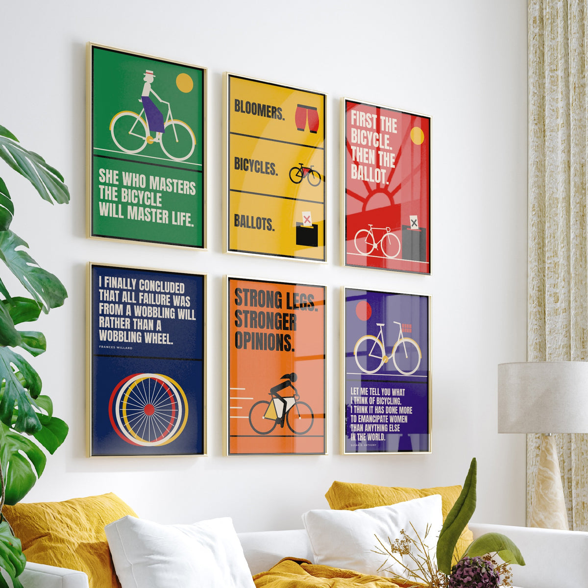 Set of Six Cycling Feminism Quote Art Prints - 6 Bauhaus Women Cyclists Posters - Minimalist Feminist Illustration