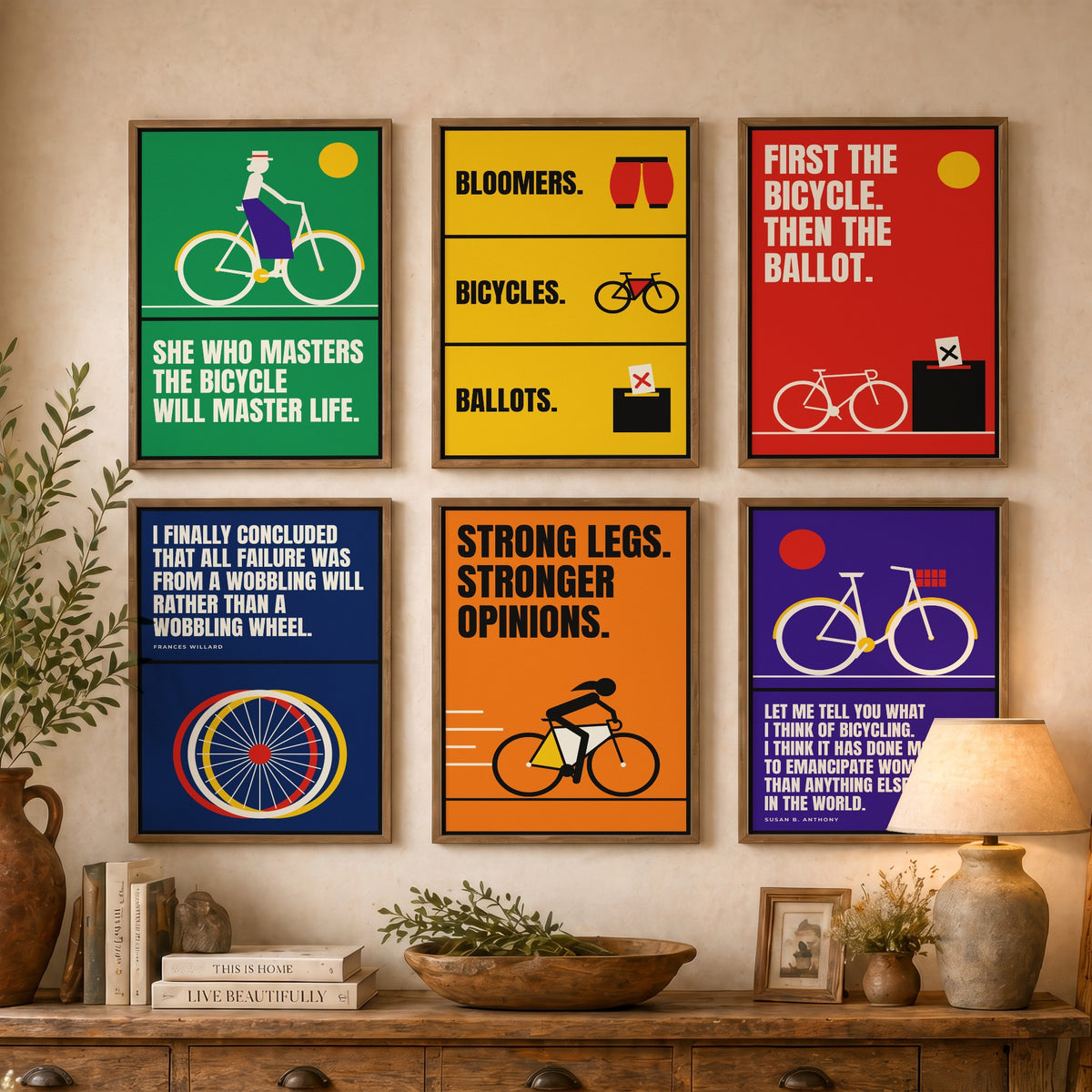 Set of Six Cycling Feminism Quote Art Prints - 6 Bauhaus Women Cyclists Posters - Minimalist Feminist Illustration