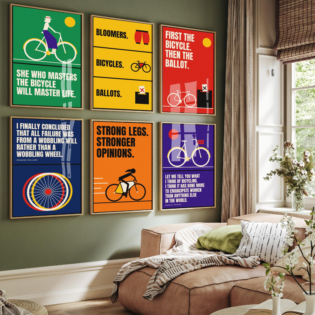 Set of Six Cycling Feminism Quote Art Prints - 6 Bauhaus Women Cyclists Posters - Minimalist Feminist Illustration