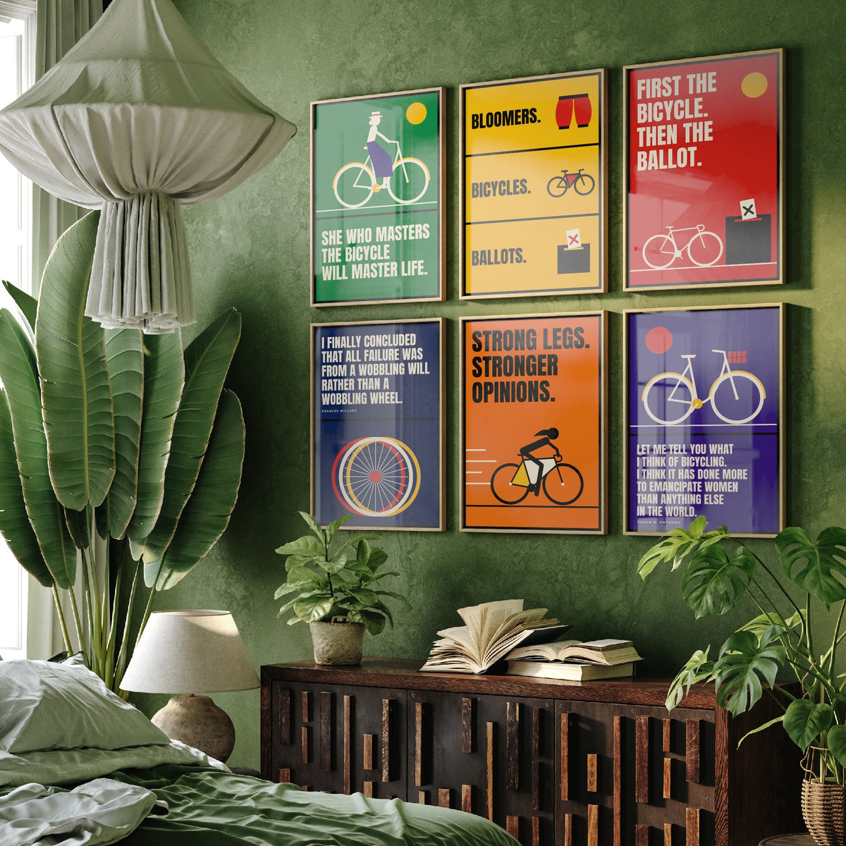 Set of Six Cycling Feminism Quote Art Prints - 6 Bauhaus Women Cyclists Posters - Minimalist Feminist Illustration
