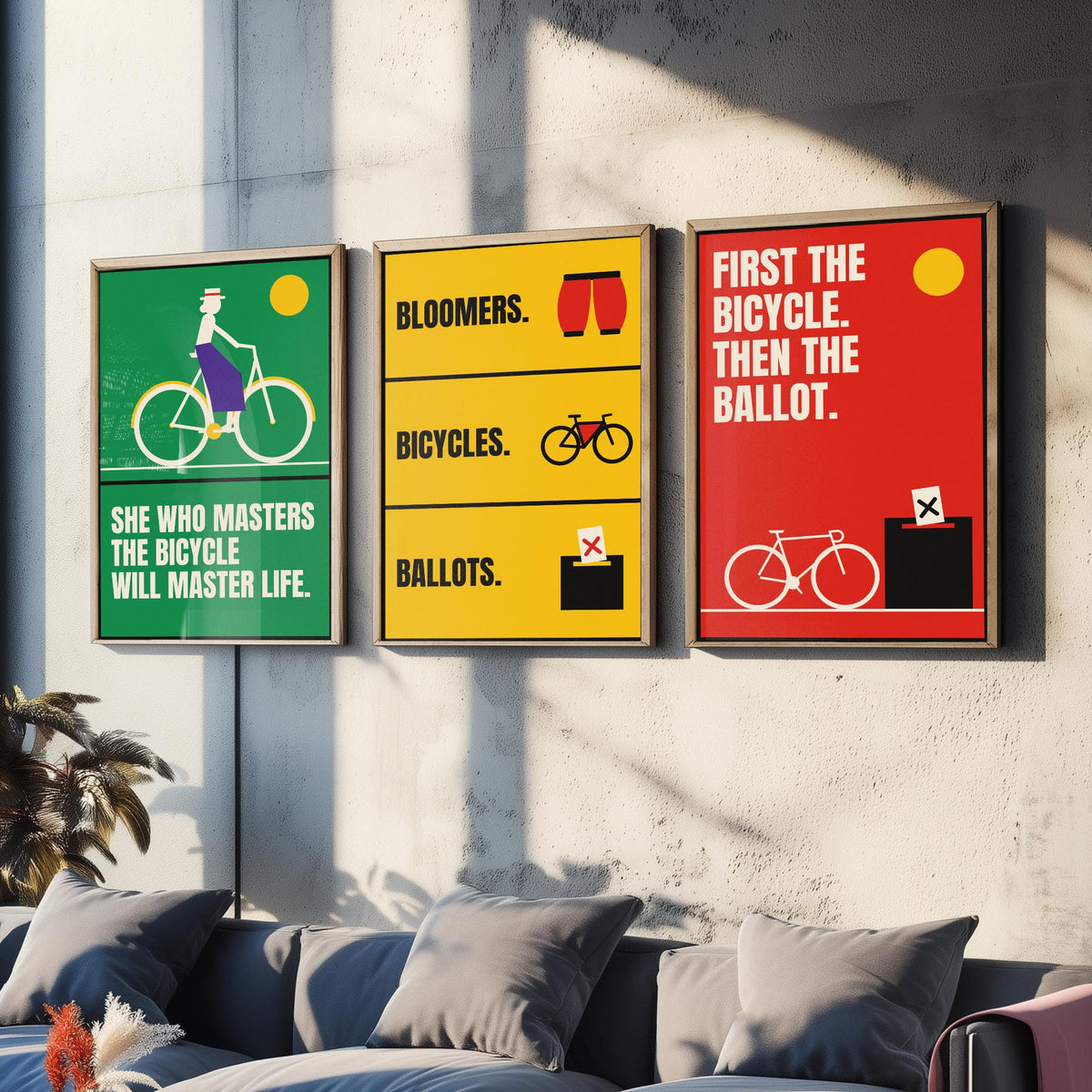 Cycling Feminism Quotes Set of Three Art Prints - 3 Bauhaus Women Cyclists Posters - Minimalist Feminist Wall Art Illustration V1
