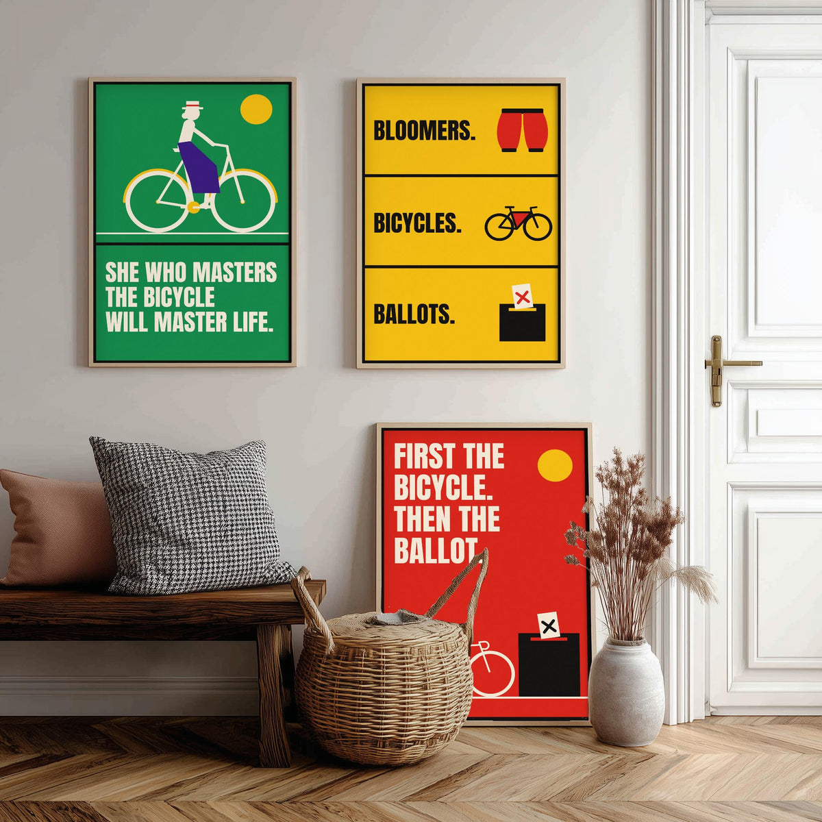 Cycling Feminism Quotes Set of Three Art Prints - 3 Bauhaus Women Cyclists Posters - Minimalist Feminist Wall Art Illustration V1