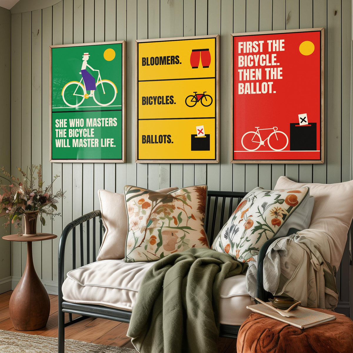 Cycling Feminism Quotes Set of Three Art Prints - 3 Bauhaus Women Cyclists Posters - Minimalist Feminist Wall Art Illustration V1