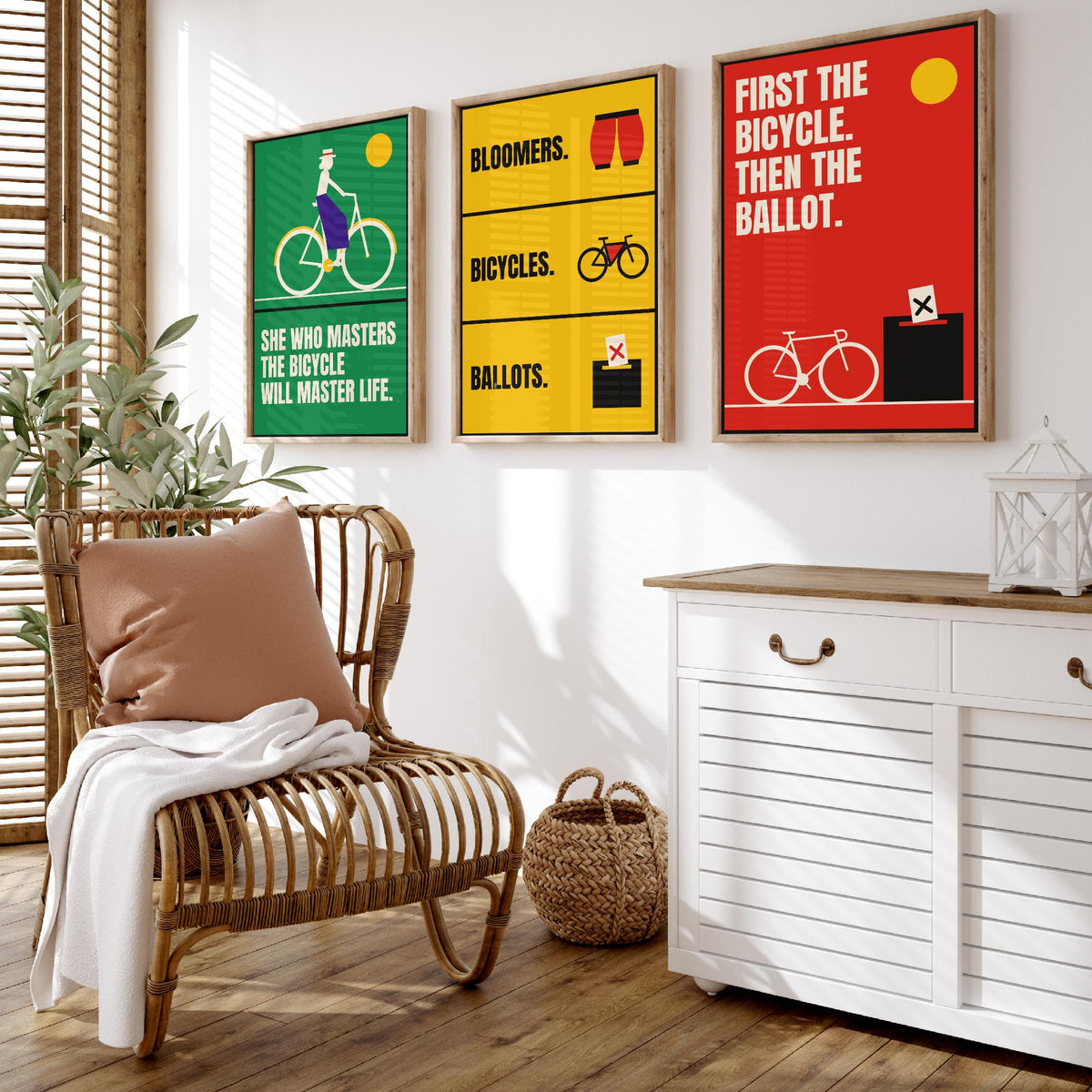Cycling Feminism Quotes Set of Three Art Prints - 3 Bauhaus Women Cyclists Posters - Minimalist Feminist Wall Art Illustration V1