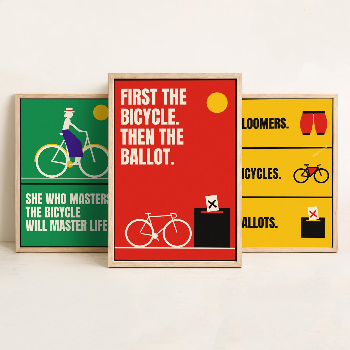 Cycling Feminism Quotes Set of Three Art Prints - 3 Bauhaus Women Cyclists Posters - Minimalist Feminist Wall Art Illustration V1