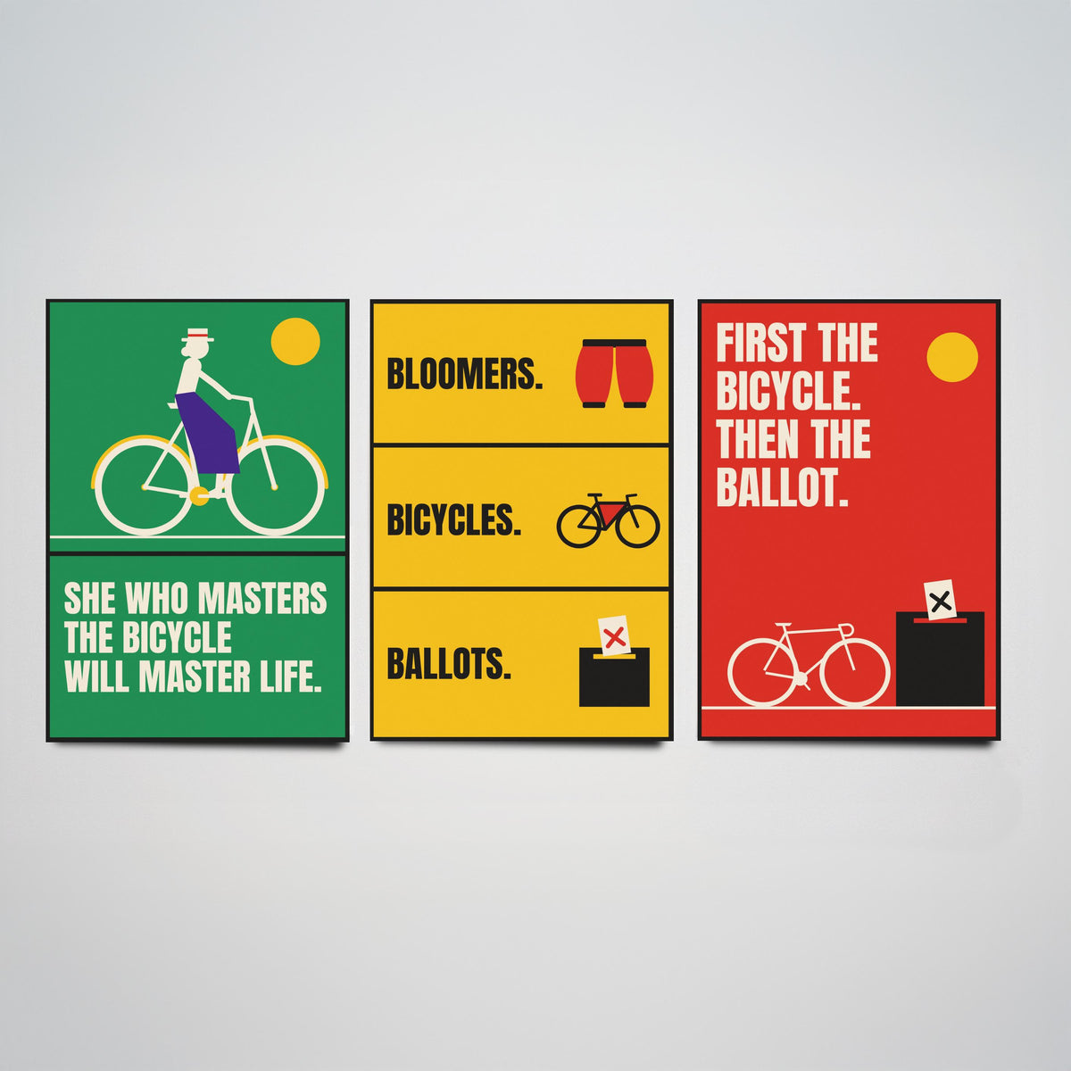 Cycling Feminism Quotes Set of Three Art Prints - 3 Bauhaus Women Cyclists Posters - Minimalist Feminist Wall Art Illustration V1