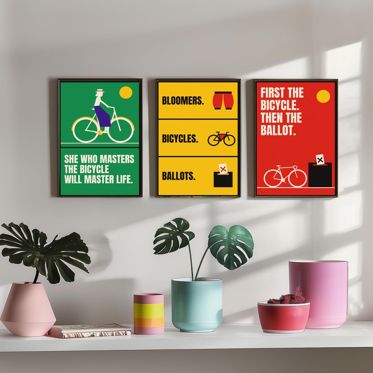 Cycling Feminism Quotes Set of Three Art Prints - 3 Bauhaus Women Cyclists Posters - Minimalist Feminist Wall Art Illustration V1