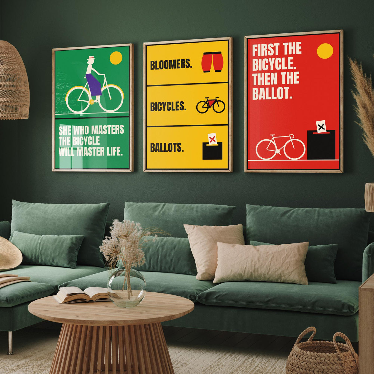 Cycling Feminism Quotes Set of Three Art Prints - 3 Bauhaus Women Cyclists Posters - Minimalist Feminist Wall Art Illustration V1