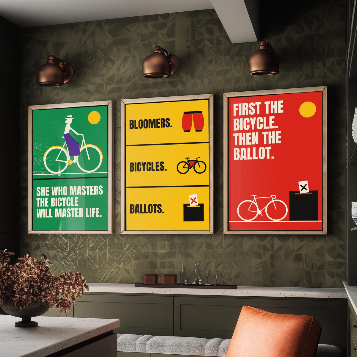 Cycling Feminism Quotes Set of Three Art Prints - 3 Bauhaus Women Cyclists Posters - Minimalist Feminist Wall Art Illustration V1