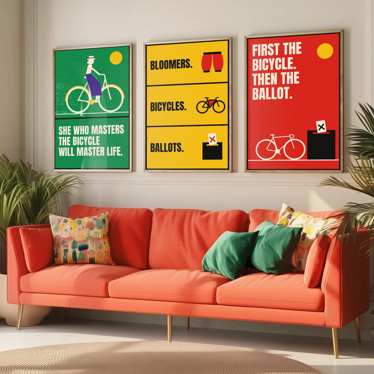 Cycling Feminism Quotes Set of Three Art Prints - 3 Bauhaus Women Cyclists Posters - Minimalist Feminist Wall Art Illustration V1