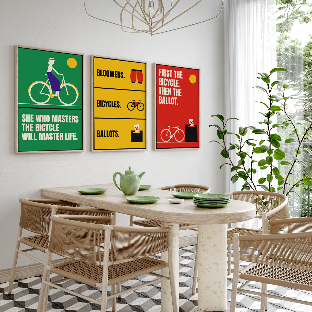 Cycling Feminism Quotes Set of Three Art Prints - 3 Bauhaus Women Cyclists Posters - Minimalist Feminist Wall Art Illustration V1
