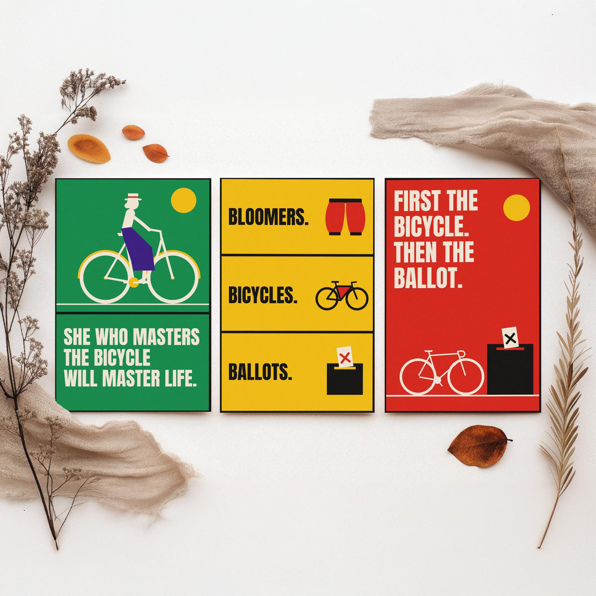 Cycling Feminism Quotes Set of Three Art Prints - 3 Bauhaus Women Cyclists Posters - Minimalist Feminist Wall Art Illustration V1